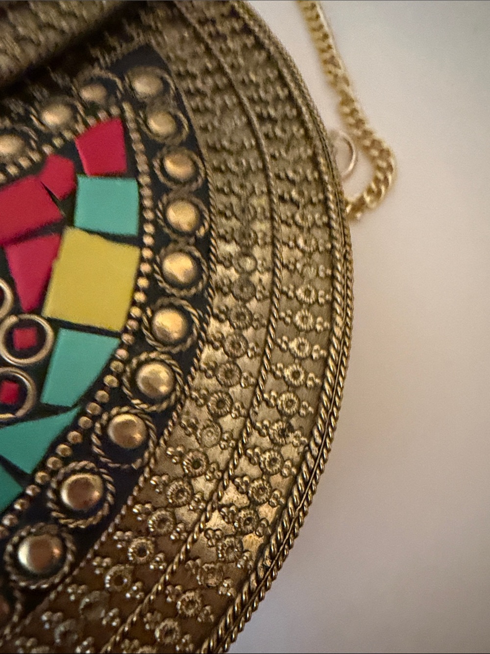Ramla Kimy’s Metal Gold Mosaic Half-Moon Crossbody Bag - Multicolor Accent Good - Picture 9 of 11